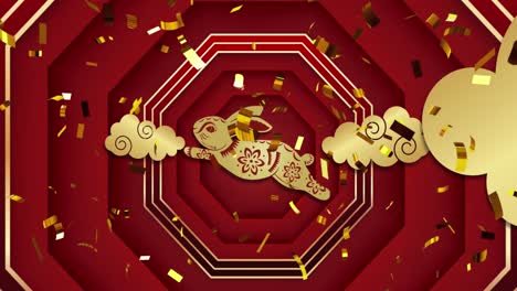 Animation-of-chinese-traditional-decorations-with-rabbit-and-confetti-on-red-background