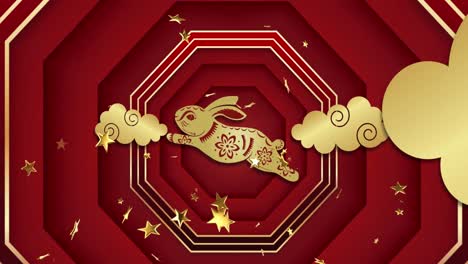 Animation-of-chinese-traditional-decorations-with-rabbit-and-stars-on-red-background