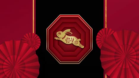 Animation-of-chinese-traditional-decorations-and-rabbit-on-red-background