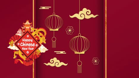 Animation-Von-Neujahrsgrüßen-Und-Traditionellen-Chinesischen-Dekorationen-Auf-Rotem-Hintergrund