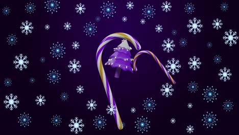 Animation-Von-Schneeflocken-über-Dem-Weihnachtsbaum-Und-Zuckerstangen-Auf-Schwarzem-Hintergrund