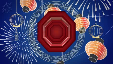 Animation-of-chinese-traditional-decorations-on-blue-background