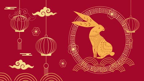 Animation-Traditioneller-Chinesischer-Dekorationen-Mit-Kaninchen-Auf-Rotem-Hintergrund