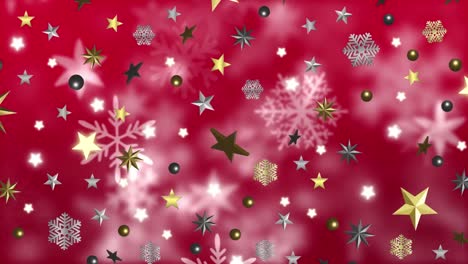 Animation-Von-Sternen,-Die-über-Weihnachtsdekorationen-Auf-Rotem-Hintergrund-Fallen