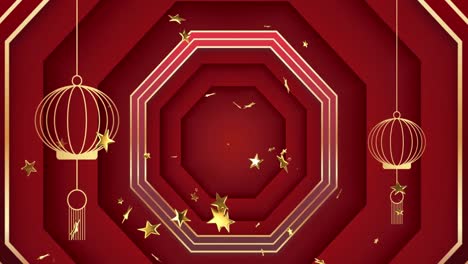 Animation-of-chinese-traditional-decorations-and-stars-on-red-background