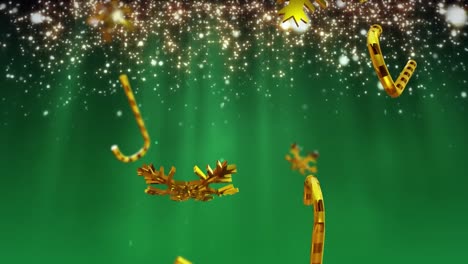 Animation-Von-Schnee,-Der-über-Weihnachtsdekorationen-Auf-Grünem-Hintergrund-Fällt