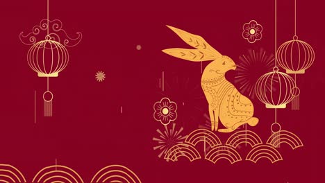 Animation-of-chinese-traditional-decorations-with-rabbit-on-red-background