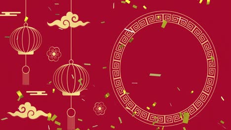 Animación-De-Decoraciones-Tradicionales-Chinas-Y-Confeti-Sobre-Fondo-Rojo