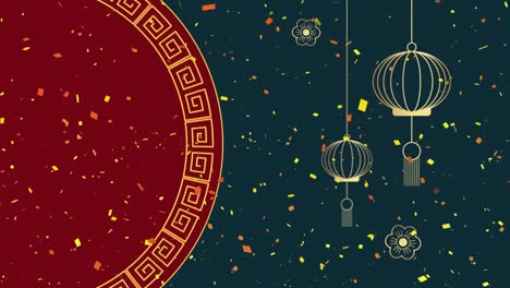 Animation-of-chinese-traditional-decorations-and-confetti-on-dark-background