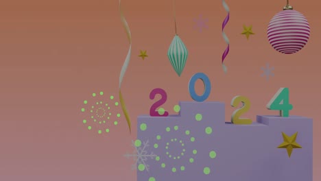 Animation-of-fireworks-over-2024-text-and-decorations-on-orange-background