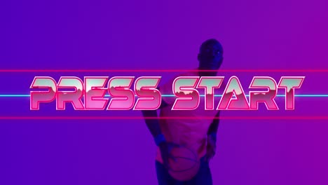 Animation-of-press-start-text-over-neon-pattern-and-african-american-basketball-player