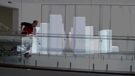 Animation-of-cityscape-over-caucasian-doctors-running-with-patient
