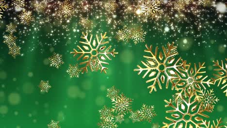 Animation-of-snowflakes-and-light-spots-over-green-background