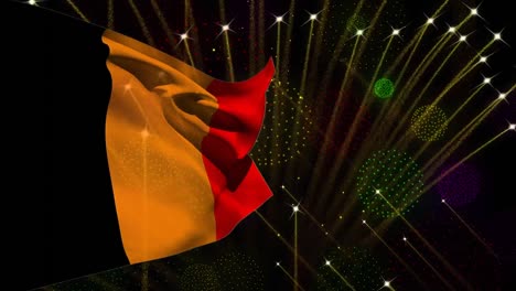 Animation-Der-Belgischen-Flagge-über-Feuerwerk-Auf-Schwarzem-Hintergrund