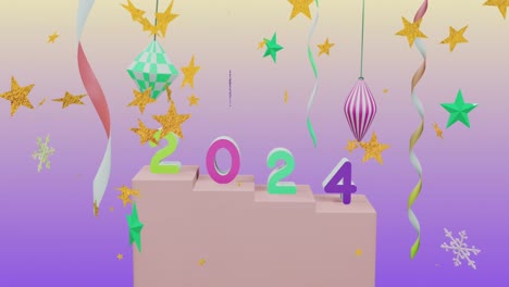 Animation-Von-Sternen,-Die-über-2024-Fallen,-Text-Und-Dekorationen-Auf-Violettem-Hintergrund