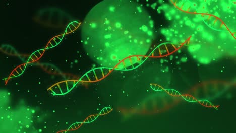 Animation-of-dna-strands-over-light-spots-on-green-background