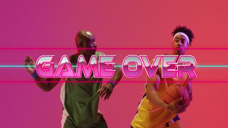 Animation-of-game-over-text-over-neon-pattern-and-divers-basketball-players