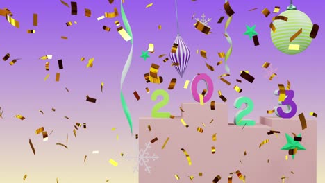 Animation-of-confetti-falling-over-2023-text-and-decorations-on-purple-background