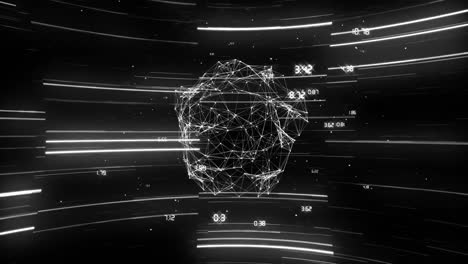 Animation-of-data-processing-with-globe-of-connections-and-light-trails-on-black-background