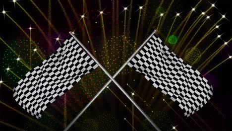 Animation-of-checkered-flags-over-fireworks-on-black-background