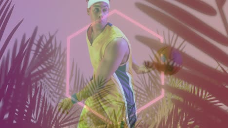 Animation-of-plants-with-neon-pattern-and-biracial-basketball-player