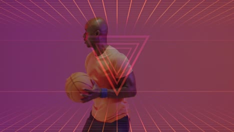 Animation-of-neon-pattern-over-african-american-basketball-player