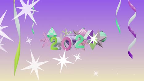 Animation-Von-Sternen-über-2024-Text-Und-Dekorationen-Auf-Violettem-Hintergrund