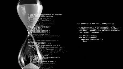 Animation-of-data-processing-over-hourglass-on-black-background
