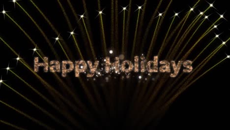 Animation-of-happy-holidays-text-over-fireworks-on-black-background