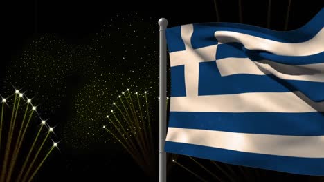 Animation-Der-Flagge-Griechenlands-über-Feuerwerk-Auf-Schwarzem-Hintergrund