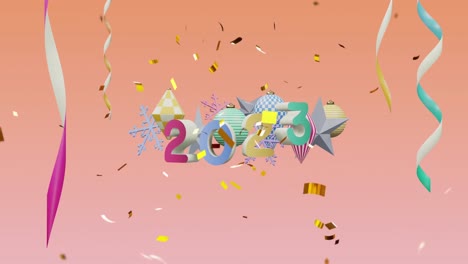 Animation-of-confetti-falling-over-2023-text-and-decorations-on-orange-background