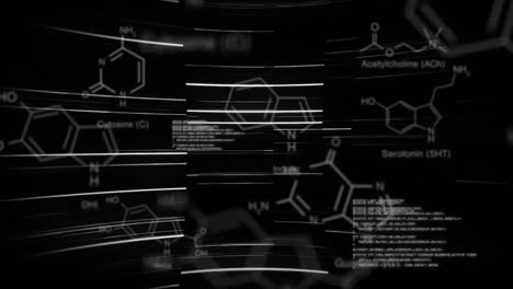 Animation-of-data-processing-over-chemical-formula-on-black-background
