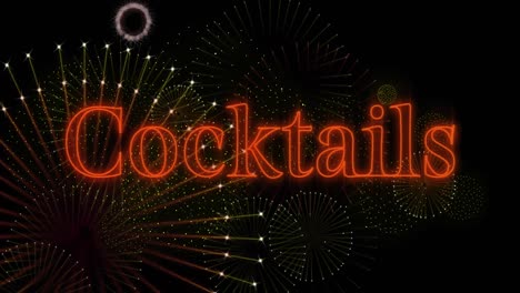 Animation-of-cocktails-text-over-fireworks-on-black-background