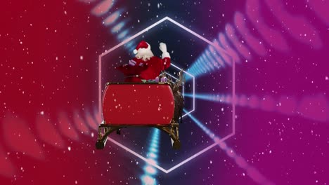Animation-of-hexagons,-snow-falling-over-christmas-santa-claus-in-sleigh-with-reindeer