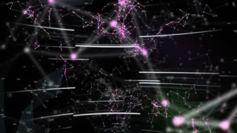 Animation-of-qr-code-over-network-of-connections-and-light-trails-on-black-background