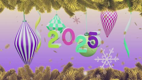 Animation-of-stars-falling-over-2025-text-and-decorations-on-purple-background