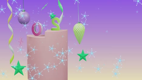 Animation-Von-Schneeflocken-über-2025-Text-Und-Dekorationen-Auf-Violettem-Hintergrund