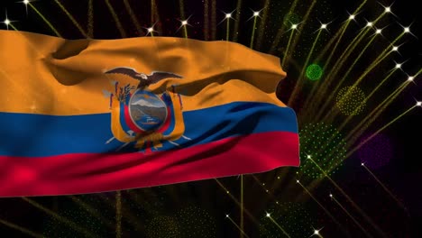 Animation-Der-Flagge-Ecuadors-über-Feuerwerk-Auf-Schwarzem-Hintergrund