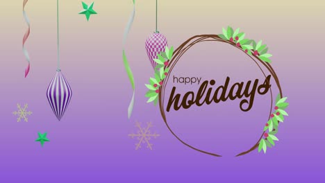 Animation-of-happy-holidays-text-over-decorations-on-purple-background