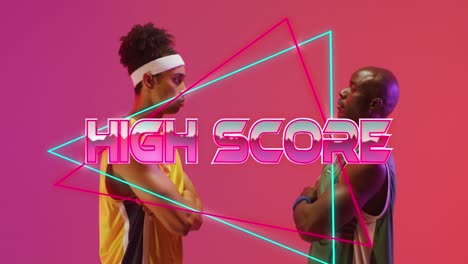 Animation-of-high-score-text-over-neon-pattern-and-diverse-basketball-players