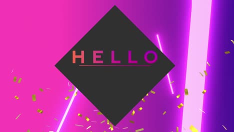 Animation-of-hello-text-over-confetti-and-shapes-on-purple-background
