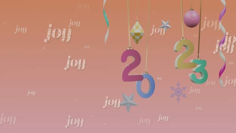 Animation-Von-Joy-Text-über-2023-Text-Und-Dekorationen-Auf-Orangefarbenem-Hintergrund