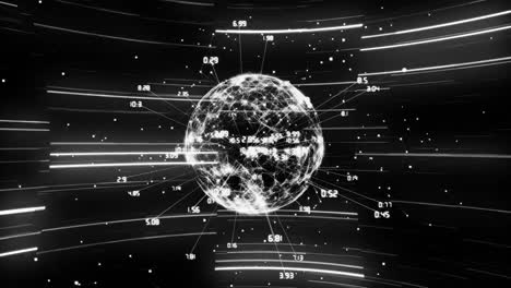 Animation-of-data-processing-with-globe-of-connections-and-light-trails-on-black-background
