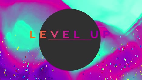 Animation-of-level-up-text-over-confetti-on-colorful-background