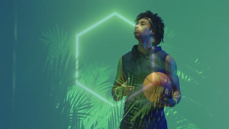 Animation-of-planta-with-neon-pattern-and-biracial-basketball-player