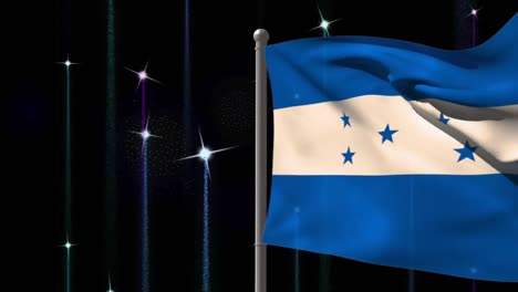Animation-Der-Flagge-Von-Honduras-über-Feuerwerk-Auf-Schwarzem-Hintergrund