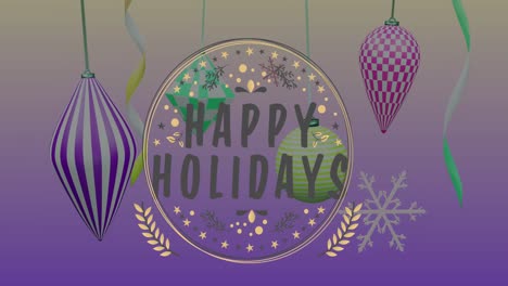 Animation-of-happy-holidays-text-over-decorations-on-purple-background