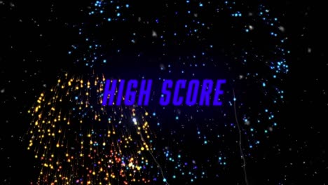 Animation-of-high-score-text-over-fireworks-on-black-background