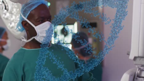 Animation-of-dna-strand-over-diverse-doctors-at-hospital