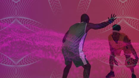 Animation-of-pink-mesh-and-data-processing-over-diverse-basketball-players